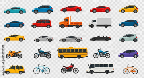 Collection of various vehicles including cars, trucks, motorcycles, buses, and bicycles, all in a row.