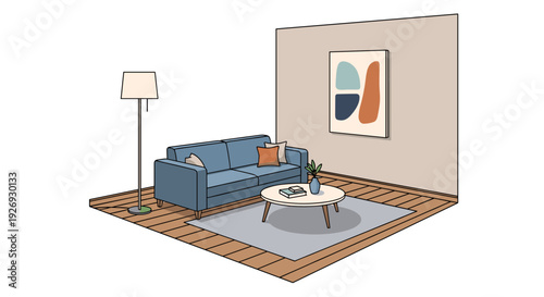 Cozy living room interior with blue sofa and modern decor.