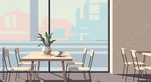 Minimalist cafe interior with wooden tables and chairs, bathed in natural light.