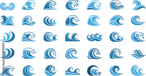 Blue water wave icon set with various ocean splash and sea curl symbols for surf branding nautical logos and aquatic designs.
