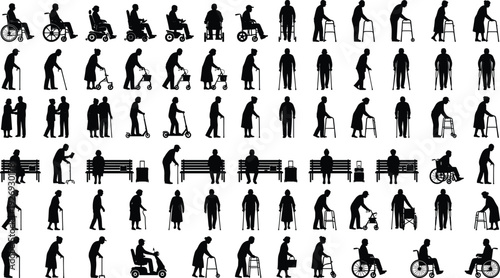 Collection of elderly people silhouettes with canes, walkers and wheelchairs, black vector illustration set isolated on white background for healthcare and aging concept.