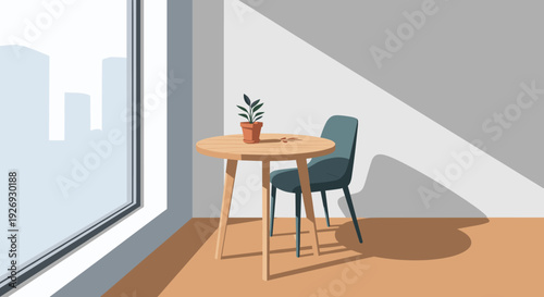Minimalist Interior with Round Wooden Table and Teal Chair.
