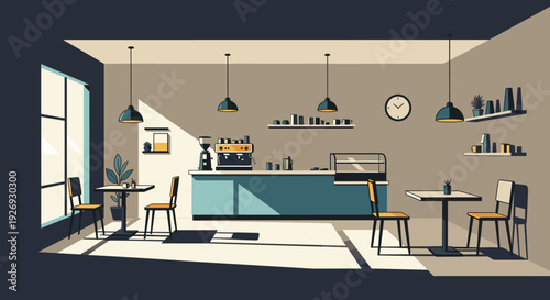 Modern cafe interior with counter, tables, and chairs in warm sunlight.