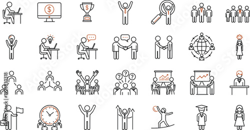 Business success and career growth line icon set with financial trophy, leadership symbols, corporate teamwork, professional graduation, strategic planning, and employee achievement vectors.