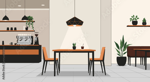 Modern cafe interior with empty tables and chairs ready for customers.