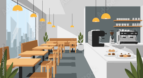 Modern cafe interior with empty tables and a coffee bar.