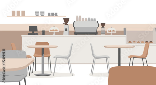 Modern cafe interior with empty tables and chairs, ready for customers.