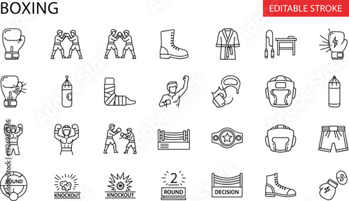 Boxing and combat sports line icon set featuring boxers sparring, gloves, punching bags, championship belts, headgear, and arena ring editable stroke vectors.