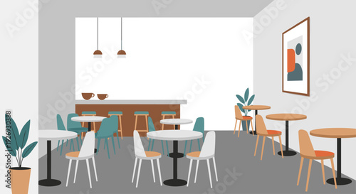 Modern cafe interior with empty tables and chairs, ready for customers.