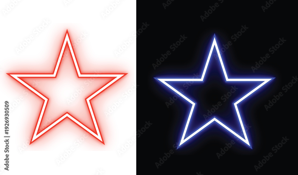 Obraz premium Neon star symbols in red and blue on white and black backgrounds