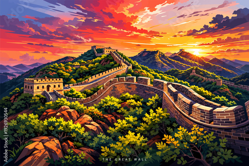 Vector illustration of the Great Wall of China. Ancient architecture, Beijing, Fortress, mountain landscape, Watercolor painting, Warm tones, Historical monument, stone bricks.