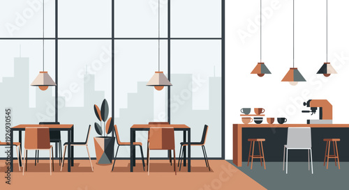 Modern cafe interior with tables, chairs, and a coffee bar.