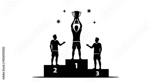 Vector illustration of a winner's podium; champion athlete celebrates victory, lifting a trophy, symbolizing triumph, success, and achievement in sports competition
