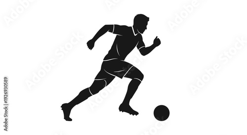 Dynamic vector silhouette of a soccer player actively dribbling a football. This athletic illustration captures the essence of competitive sports, depicting skill, speed, and motion