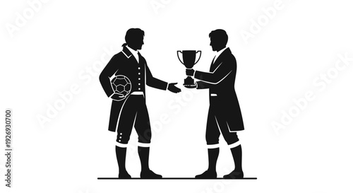 Two men in historical attire shaking hands, one holding a trophy, vector illustration of a celebratory moment, seen from a straightforward viewpoint