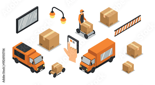 isometric delivery cargo shipment set with boxes trucks hand and driver in orange uniform in flat style