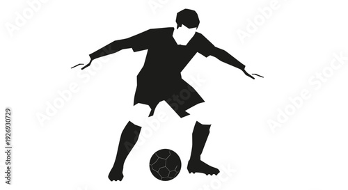 Vector illustration of a soccer player in action kicking a ball on a sports field from a front viewpoint.