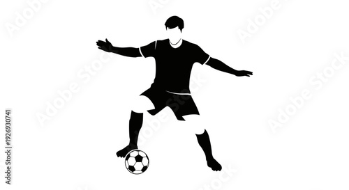 A vector illustration of a soccer player kicking a ball with dynamic movement and energy on a sports field from a frontal viewpoint.