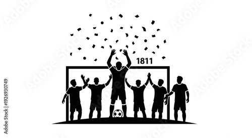 Vector illustration of soccer players celebrating a goal with confetti and a goalkeeper in a stadium with a soccer ball