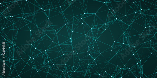 Abstract teal network connections and nodes forming a complex geometric web pattern on a dark gradient background representing technology and data flow