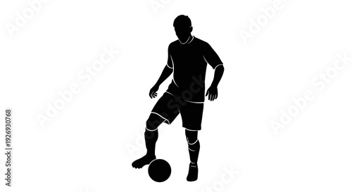 A male soccer player in action, dribbling a ball, vector illustration of a sportsman in dynamic movement, front view, sports equipment featured