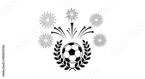 Vector illustration of a soccer ball surrounded by laurel wreath and fireworks in a celebratory atmosphere