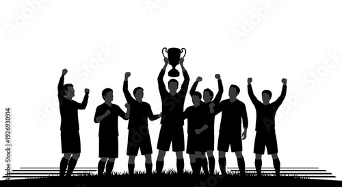 A group of triumphant athletes celebrating with a trophy vector illustration in a sports event scene from a front viewpoint