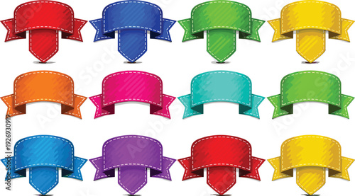 Collection of colorful ribbon badges and banner labels with white stitched edges for marketing sale promotions product tags and website user interface design