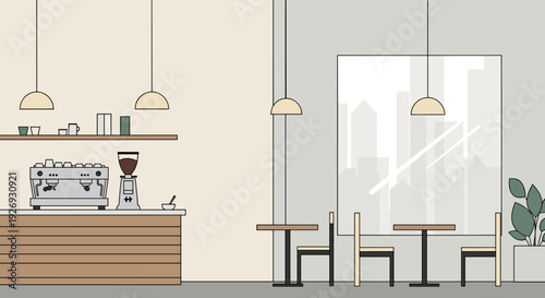 Modern Coffee Shop Interior with Espresso Machine and Seating Area.
