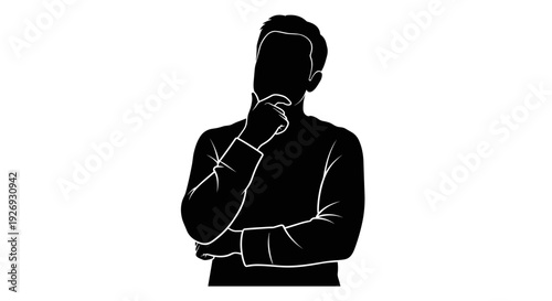Vector illustration of a thoughtful man in contemplation, lost in thought, with his hand on his chin, silhouette on a minimalist background, viewed from the front