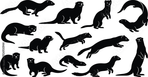 Collection of otter silhouettes in various poses, black vector illustration set isolated on white background for wildlife and animal design.