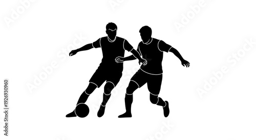 Dynamic vector illustration of two soccer players competing for the ball on a field from a front viewpoint in a sports action scene
