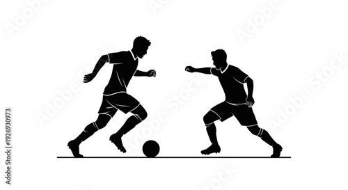 Two soccer players in action, one dribbling the ball and the other defending, vector illustration of a competitive match scene from a side viewpoint.