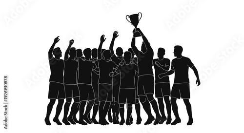 Group of sportsmen celebrating victory with trophy in vector illustration from front viewpoint