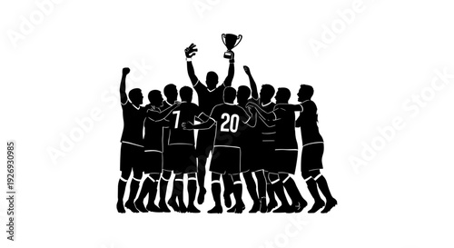 Triumphant soccer team celebrating championship win vector illustration of players holding trophy aloft in joyful gathering