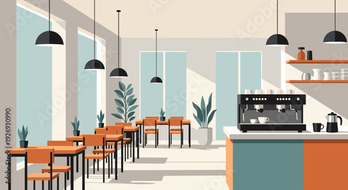 Modern Coffee Shop Interior with Espresso Machine and Seating Area.