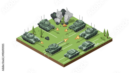 isometric fighting tanks on grassy battlefield with smoke explosions and trees illustration