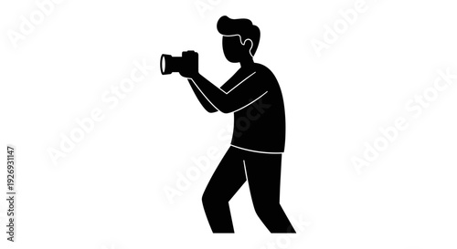 A photographer capturing moment in studio setting with camera equipment, vector illustration of man taking photos from unique viewpoint.