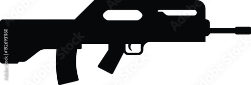 Tactical assault rifle silhouette illustration, modern military firearm icon, black and white vector design for security defense concept branding poster