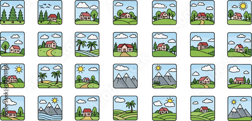 Collection of hand drawn landscape icons featuring suburban houses mountains pine trees palm trees and sunny meadows for real estate and travel web design