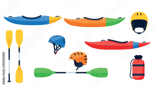 set of colorful kayaks paddles helmets and safety gear hand drawn illustration for water sports and outdoor activities