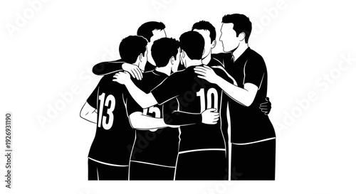 Vector illustration of a sports team huddled together in discussion during a strategic timeout in a competitive sports environment from a front viewpoint.