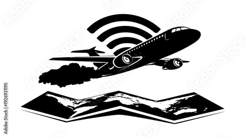 Vector illustration of a jet plane with internet symbol above a folded world map, concept for international roaming, flight tracking, and global tourism.
