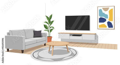 Modern living room interior with comfortable sofa, TV, and decorative elements.
