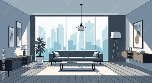 Modern living room interior with contemporary furniture and ample natural light.