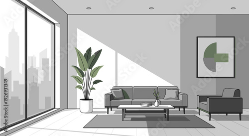 Modern living room interior with minimalist furniture and large window.