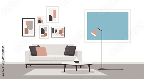 Modern Living Room Interior with Sofa, Coffee Table, and Artwork.