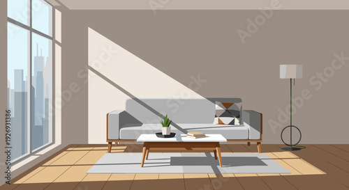 Modern living room interior with sofa, coffee table, and natural light.