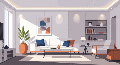 Modern living room interior with stylish furniture and decor.