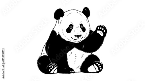 cute sitting panda bear waving hand black and white hand drawn illustration